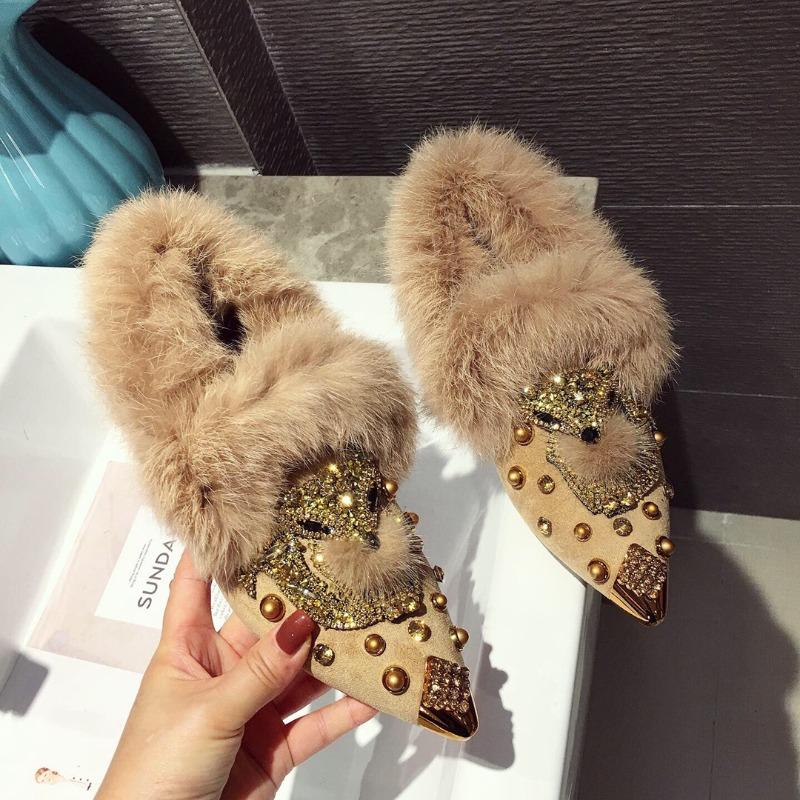 Winter Trend Rivet Fox Head Women Fluffy Single Shoes Women Pointed Belt Drill Wear Thermal Cotton Shoes Snow Boots Zapatos Muje