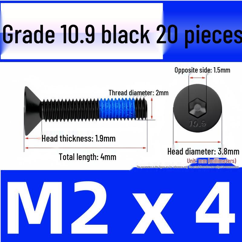 Black Anti-Slip Flat Cup Screw with Adhesive Blue Glue, Countersunk Hexagon Socket, Available in M2-M8 Sizes