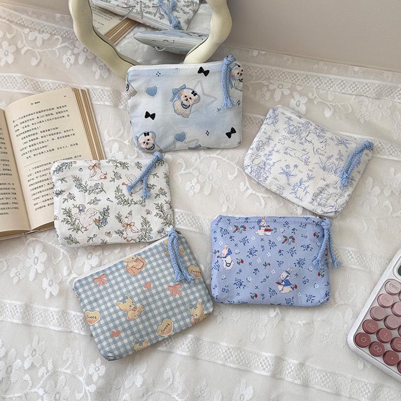 Adorable Blue Cartoon Makeup Bag: Mini Pure Cotton Coin and Earphone Pouch, Lipstick Carrier, Portable Storage.