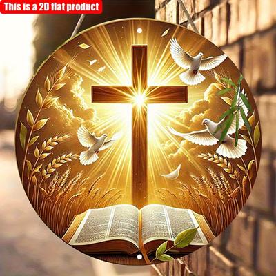 2D Flach 20*20cm1Stk sonnig Kreuz&Weizen&Taube Druck Rundes Fenster Anhänger, offene Bibel Bücher Landschaft Anhänger des Christentums Heimdekoration, Perfekt