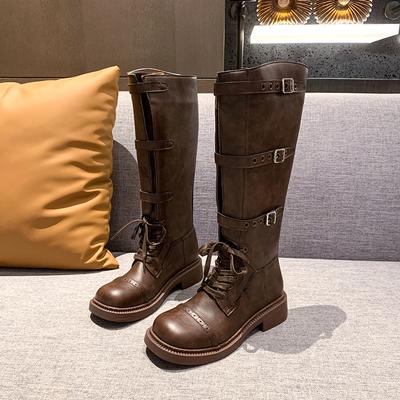 Projekt marki Damskie Brązowe Vintage Motocykle Buty Buty Zimowe Czarny Pasek Paski Styl Wasteland Wysokie Buty Do Kolan