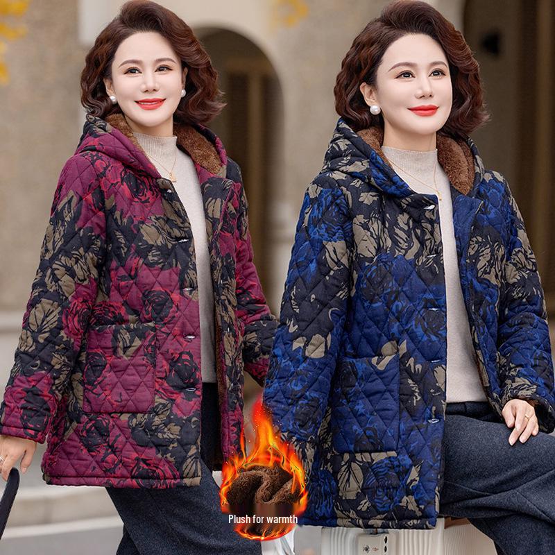 Women's Winter Hooded Fleece-Lined Cotton Jacket - Warm, Thick Coat for Middle-Aged and Elderly