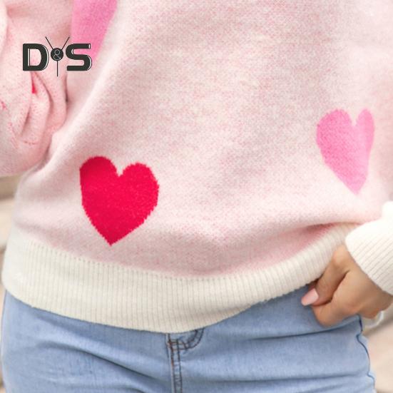 Women Knitting Sweater Round Neck Long Sleeve Heart-Shaped Tops Loose Fit Elastic Knitwear Valentine Day Tops