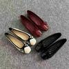 Soft Leather Shallow Mouth Flat Shoes French Style Square Toe Bow Red Women's Shoes