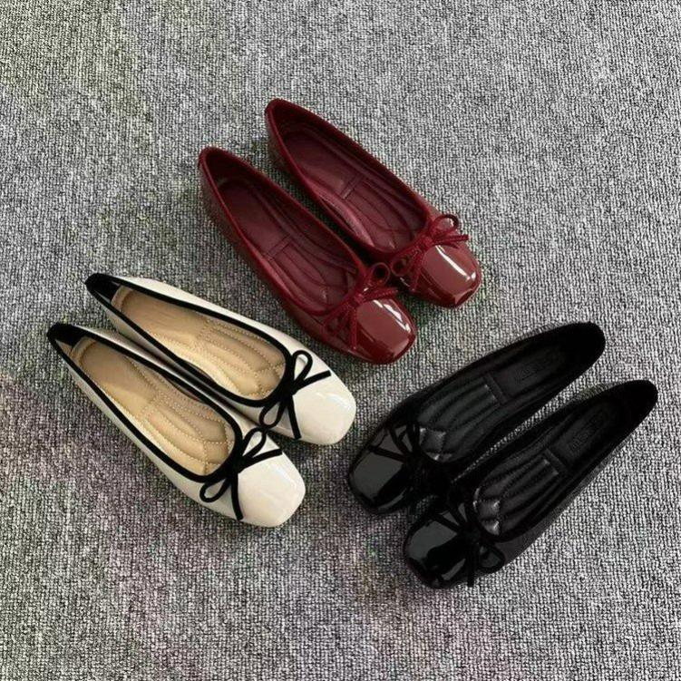 Soft Leather Shallow Mouth Flat Shoes French Style Square Toe Bow Red Women's Shoes