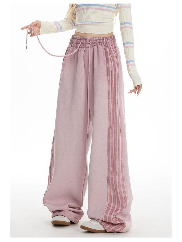 Striped Retro Pink Wide-Leg Sweatpants - Women's Jazz Dance, 300g Cotton Blend with Edging