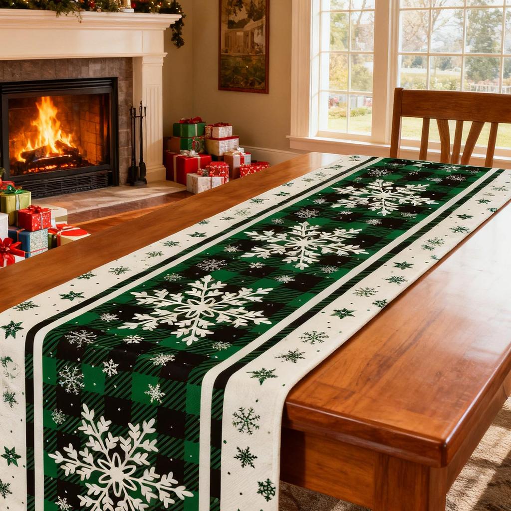 Checkered Snowflake Christmas Table Runner, Seasonal Winter Kitchen Table Decoration, Suitable For Home Party Decoration