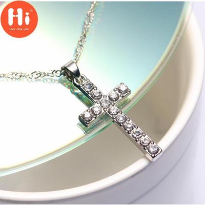 Hi Shiny Silver Rhinestone Cross Pendant Necklace Woman Sweet Simple Collar Girl Necklace Jewelry