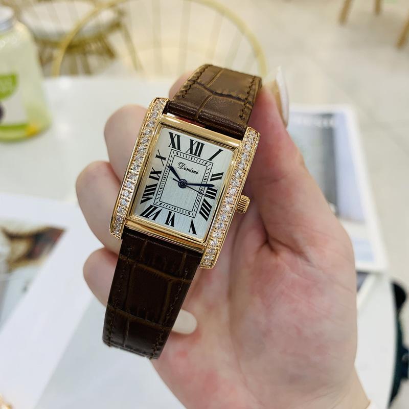 Women'S Watch Women'S Rectangular Simple Retro Style Diamond-Encrusted Leather High-Value Women'S Watch