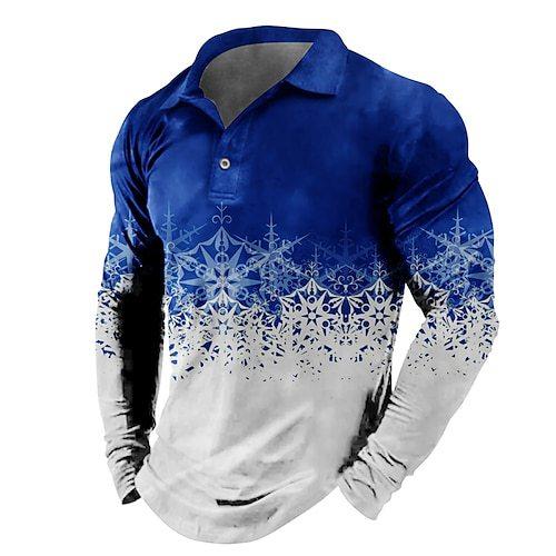 Long Sleeve Polo Shirt with Ornate Snowflake Pattern, Fashionable Casual Top