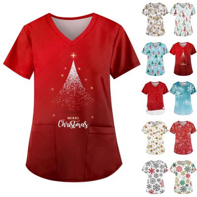 Women's Fashion V-Neck Short Sleeve Workwear With Pocket Christmas Printed Top
