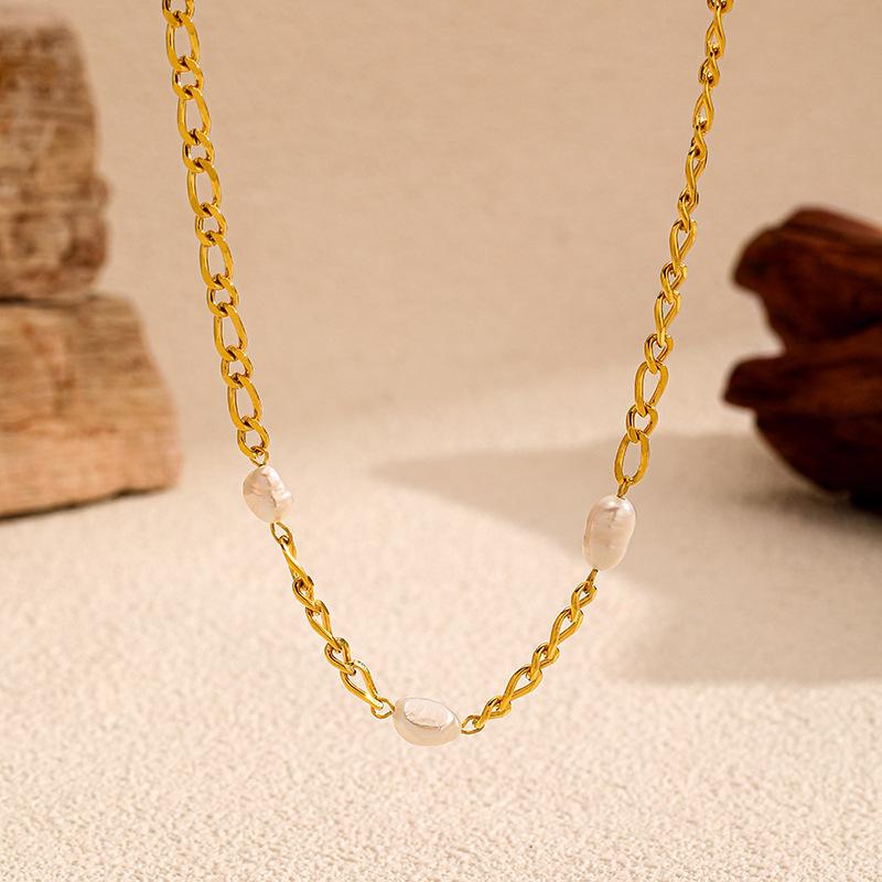 French Light Luxury Natural Imitation Baroque Pearl Necklace Simple Titanium Steel Gold Cuban Clavicle Chain Commuter Versatile
