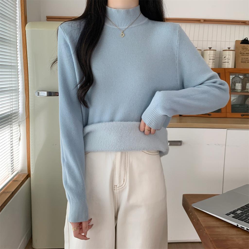 Winter 2025 semi-turtleneck knitted sweater women's thickened integrated fleece warm inner top simple solid color bottoming shirt