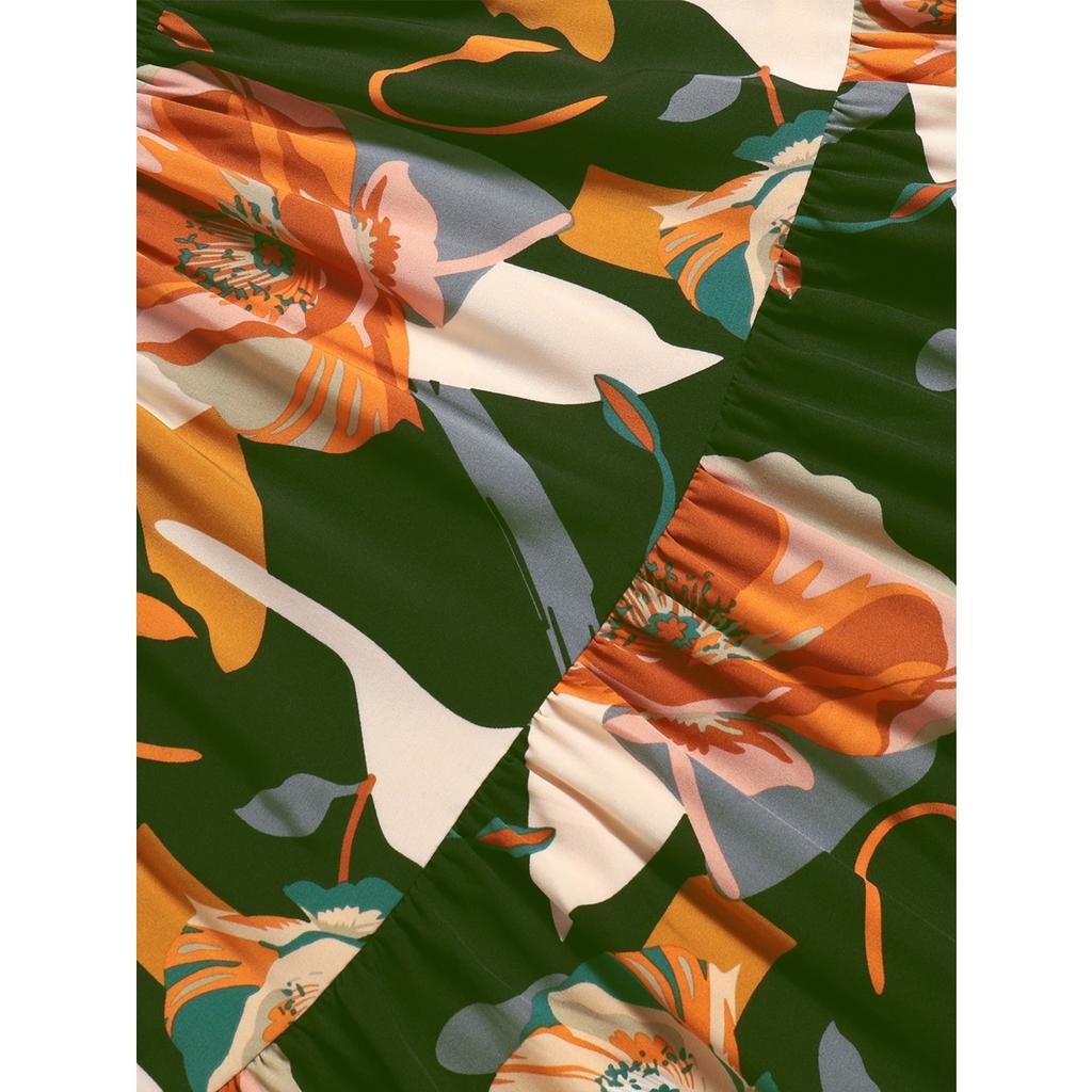 A-line Skirt, Pleated Skirt, Floral Print, Elastic Waist, Midi Skirt