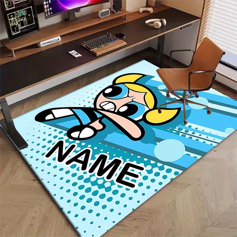 Benutzerdefinierte The Powerpuff Girls Matte mit personalisiertem Namen, waschbarer Polyester-Eingangsbereich-Teppich für den Innenbereich, Geschenk für Weihnachten, Ostern, Thanksgiving