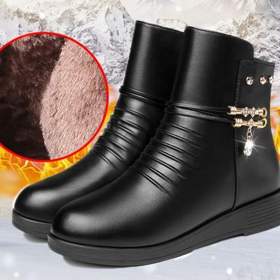 Leather Women Boots Winter Thick Wool Lined Faux Leather Women Warm Snow Boots Large Size Women Winter Shoes