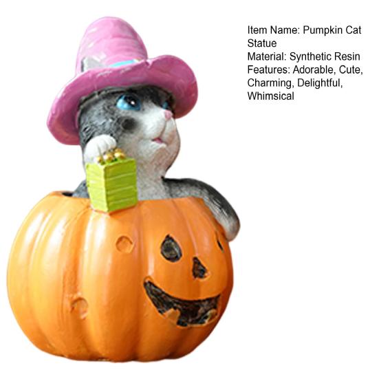 Halloween Cat on Pumpkin Figurine Cute Pumpkin Cat Statue Indoor Resin Sculpture for Shelf Tabletop Bedroom Entryway Decor