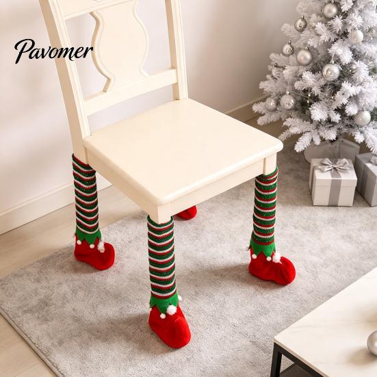Knitted Socks for Christmas 4 Pcs Table Chair Leg Covers, Striped Elf Elastic Felt Pads Chairs Socks, Furniture Floor Protectors Dining Room,