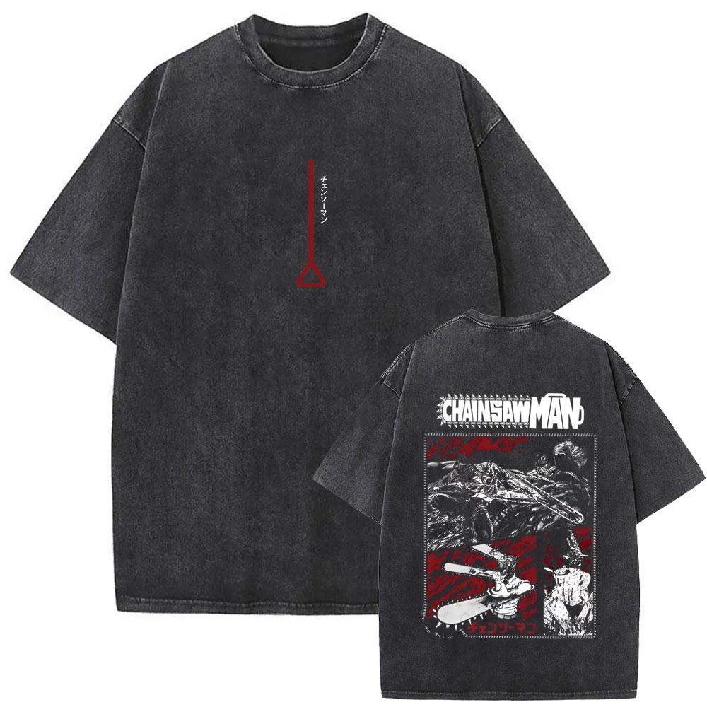 Anime Chainsaw Man Washed Retro Tshirt Cartoon Makima Graphic T Shirts Men Women Manga Vintage Oversized Tshirts Streetwear