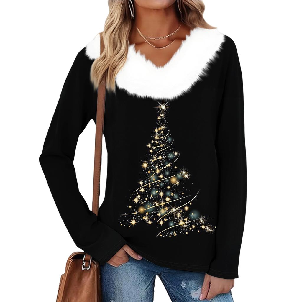 Women's Fashion Long Sleeve Christmas V-Neck Printed Party Furry Top