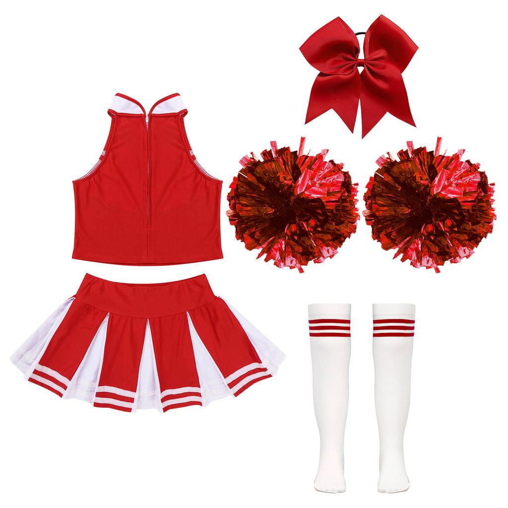 Kids Girls Cheerleading Set Sleeveless Zipper Top Pleated Skirt Bowknot Headwear 2 Hand Flowers Striped Tube Socks for Performance