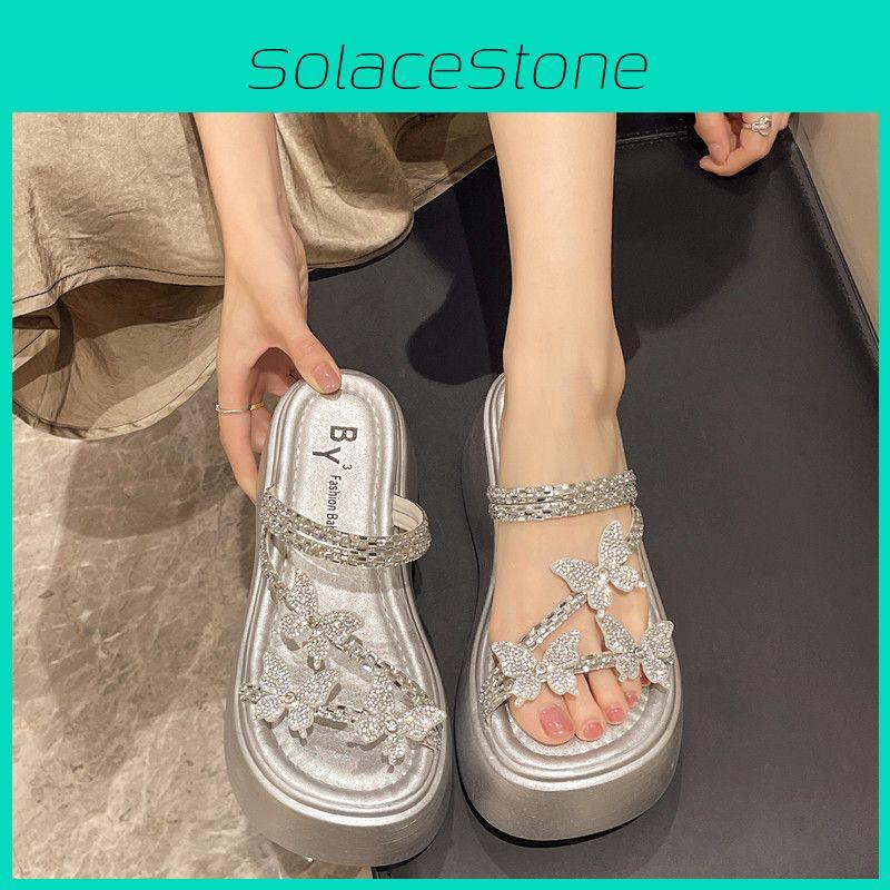 Elegant Water Drip Glitter Flat Slides With Rubber Sole For Outdoor Wear