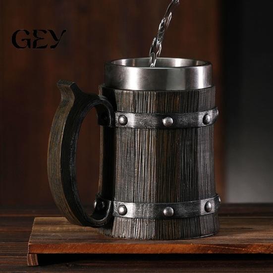 Rustic Wood Grain Beer Cup Barrel Mug, 600ml Stainless Steel Liner Stein, Insulated Mug Tankard for Pub Home Bar Party Gift