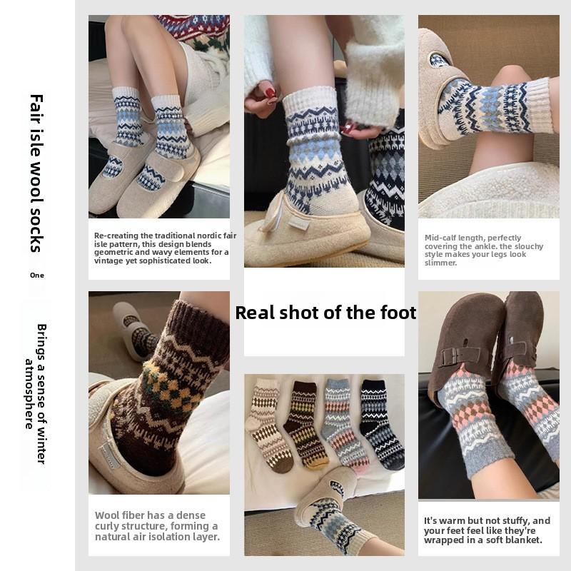Fell Island Wool Socks for Children In Autumn and Winter - Thick and Warm Traditional Ethnic Style Mid-Calf Socks - Retro Snowflake Plush Socks