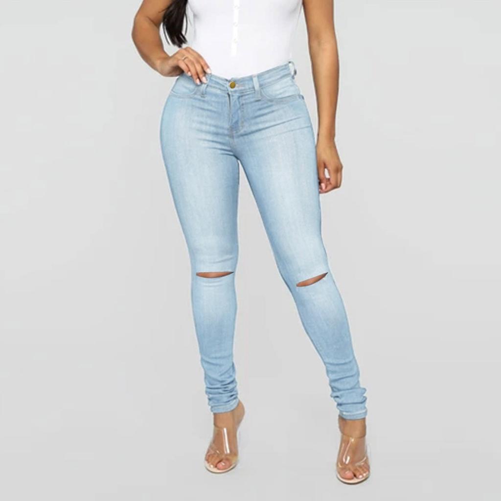 Womens Hole Button Zipper Pocket Jeans Casual Denim Flares Wide Leg Slim Pants