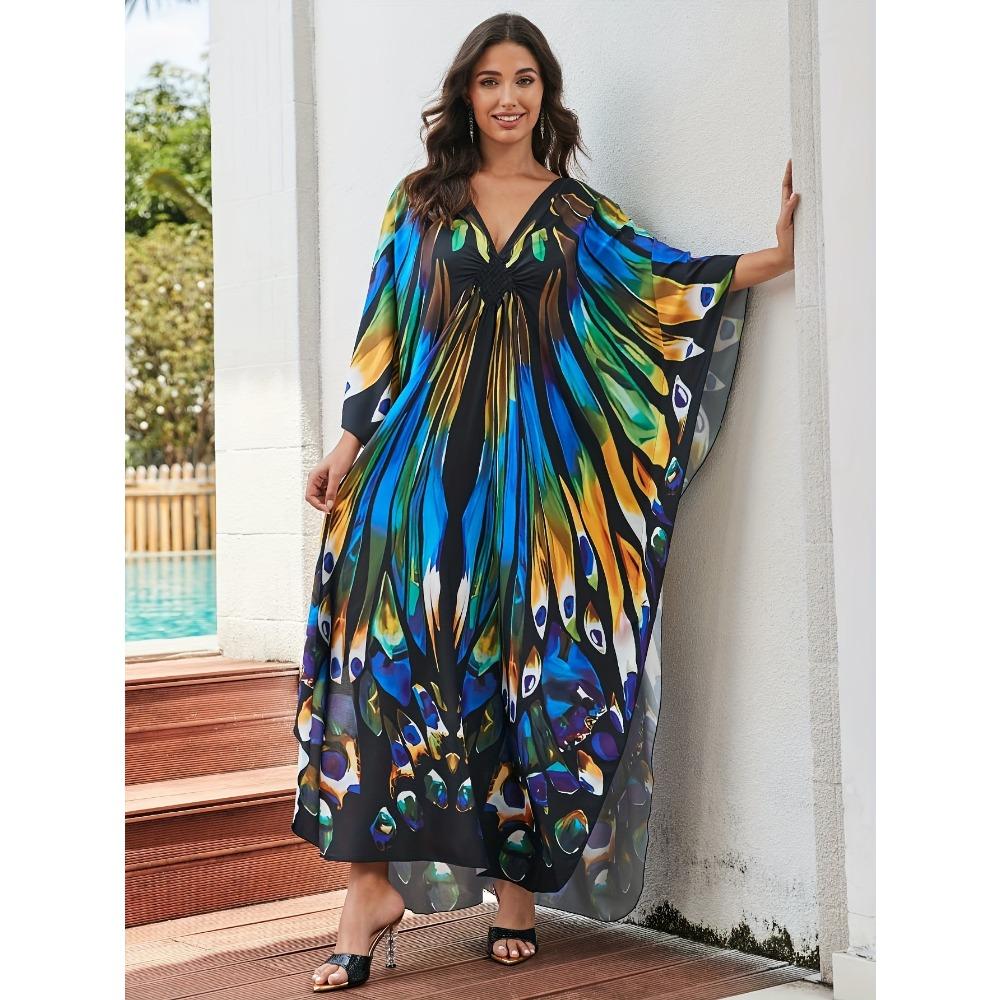 Plus Size Boho Cover Up, Women's Butterfly Print Chinese Knot Braided V Neck Maxi Loose Fit Beach Kaftan Dress