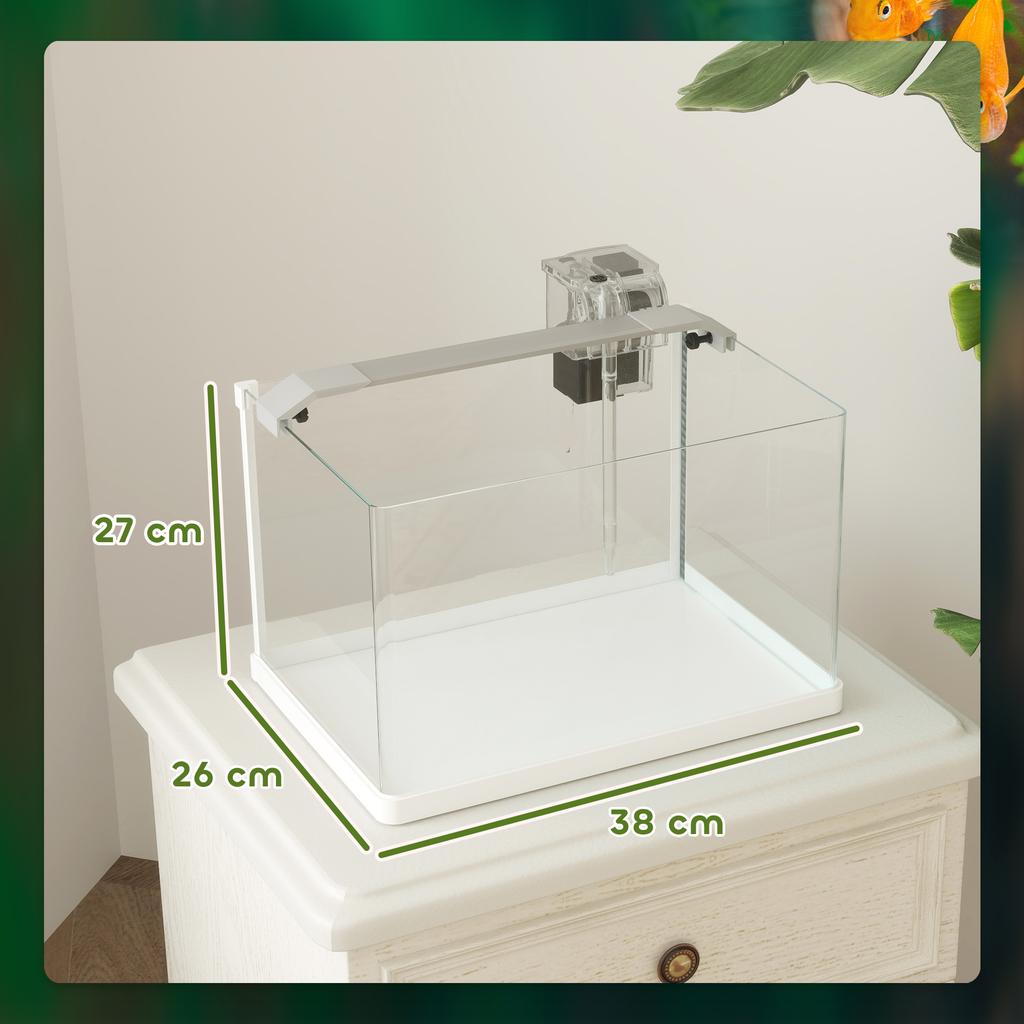20L Glass Aquarium with LED Lights, Filter and Water Pump, 38x26x27 Cm, White