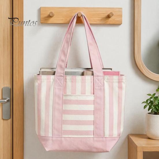 Multi-purpose Tote Bag Striped Canvas Bag, Stylish Reusable Grocery with Lightweight Front Pocket, Shoulder for Shopping Picnic Commuting Everyday