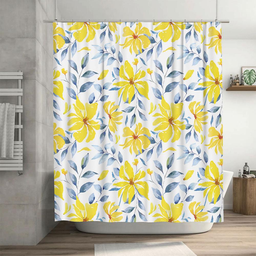 Watercolor Flowers Shower Curtain Yellow Blue White Decor for Bathroom Modern Design Home Accessories Easy Hanging 180x245cm Fab