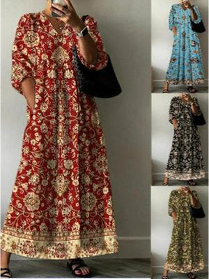 2025 Summer Floral Print V-Neck Mid-Sleeve Casual Long Dress
