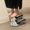 Printed Sandals, New Embroidered Large-size Women's Shoes, Square Head Temperament, High-heeled Slippers