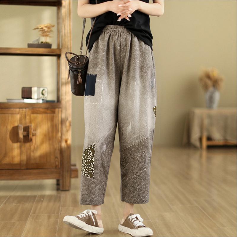 

ZANZEA Women Casual Elasric Waist Loose Print Vintage Cropped Pants 5XL сірий колір