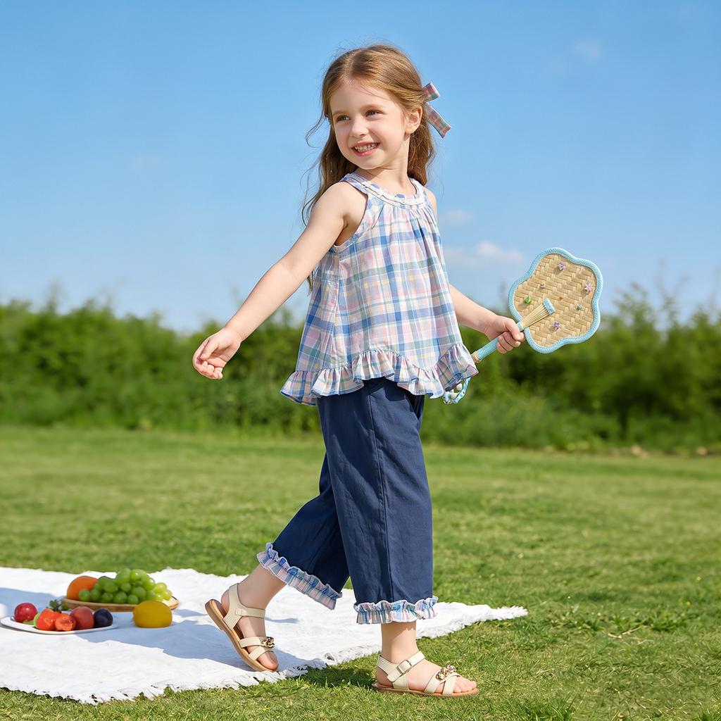 Girls Summer Plaid Halter Top And Ruffled Wide Leg Pants 2 Piece Outfit Set For Kids Casual Beach Wear