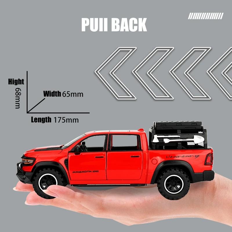 1/32 Scale Dodge RAM Mammoth Pickup Truck Off Road Alloy Toy Car Model Sound & Light Pull Back Collection Gift for Boys Children Kid
