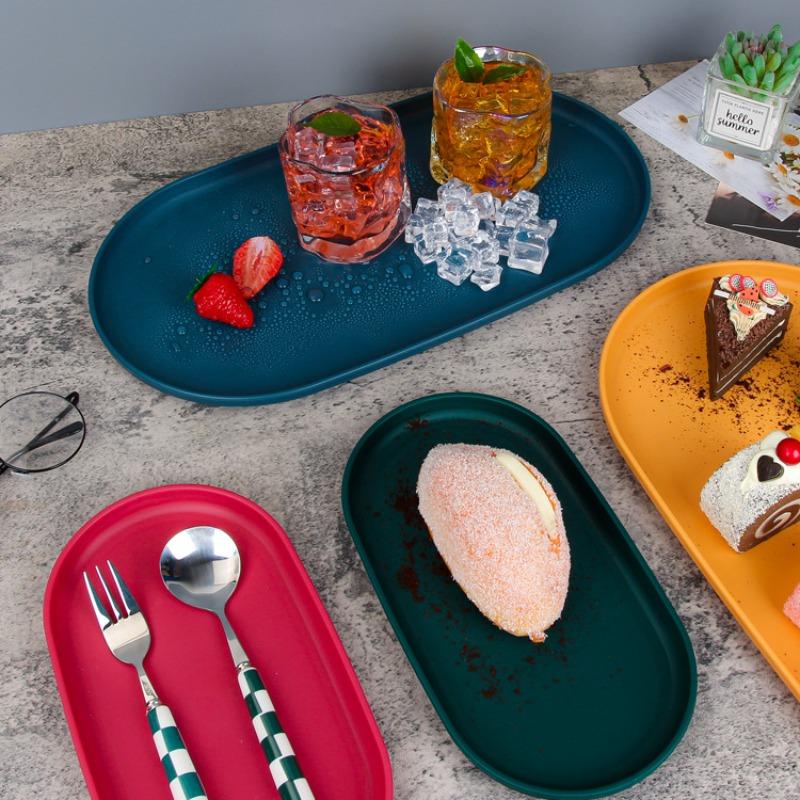 4 pièces Plateau à café en plastique, Plat de service alimentaire ovale avec surface lisse pour dessert de maison Plateau anti-chute Thé de l'après-midi