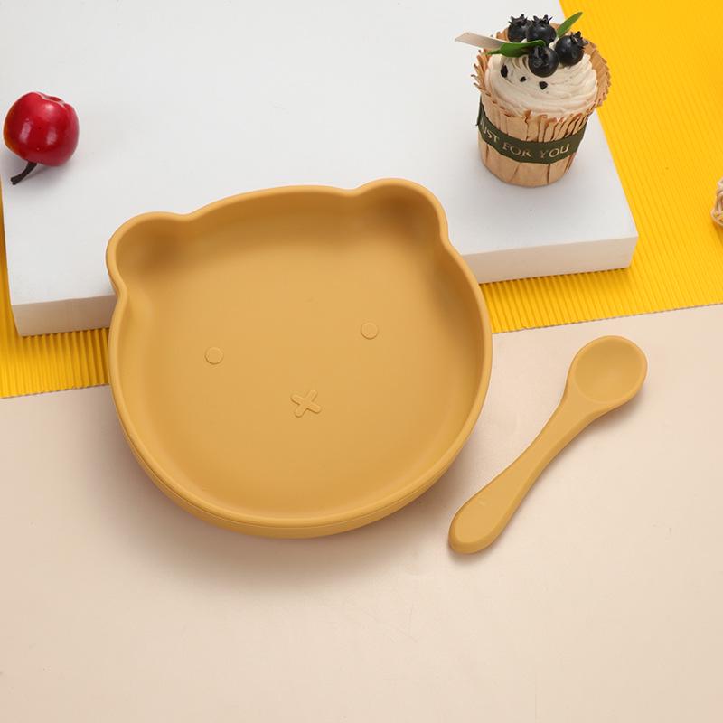 Little Bear Children's Silicone Tableware Set: Anti-Fall Bowl, Plate, and Spoon