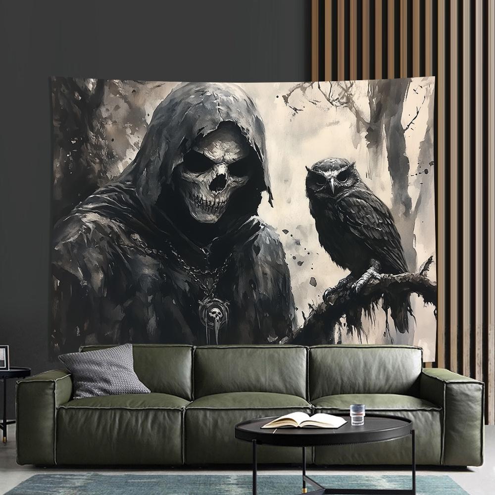 Eerie Grim Reaper Tapestry With An Owl Companion For A Hauntingly Beautiful Wall Accent