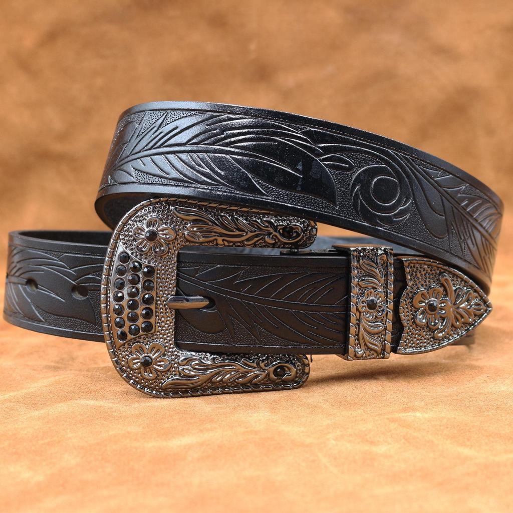 Men's Western Buckle Genuine Cowhide Leather Belt, Thick and Embossed for a Fashionable Look