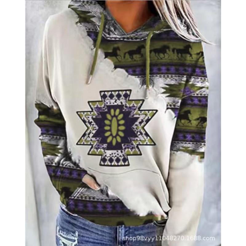 Womens Winter Hooded Sweatshirt Ethnic Print Loose Fit Long Sleeve Pullover Casual Oversized Top