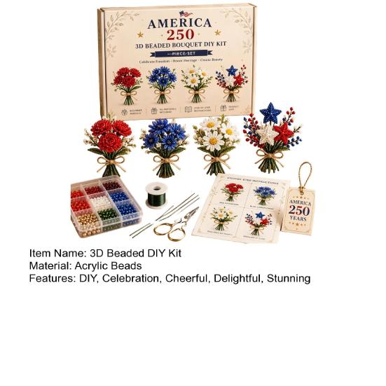 America 250 Beaded Bouquet DIY Kit, 4th of July Patriotic Flower Craft Handmade Set, 1776-2026 Independence Day 3D Beaded Flower Making