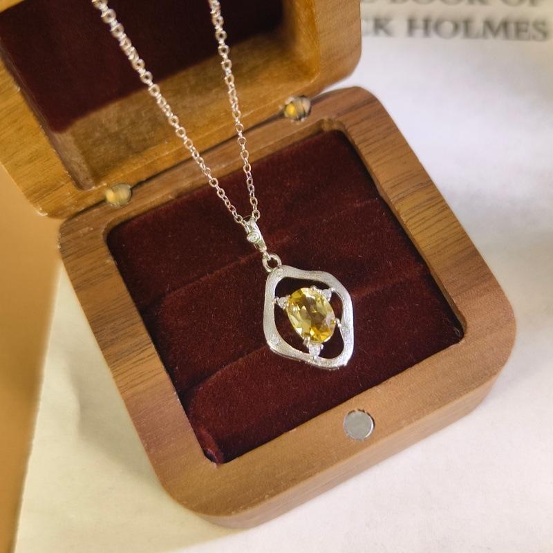 Women's S925 Sterling Silver Necklace Natural Crystal Peridot Pendant Brushed Craft Clavicle Chain Jewelry