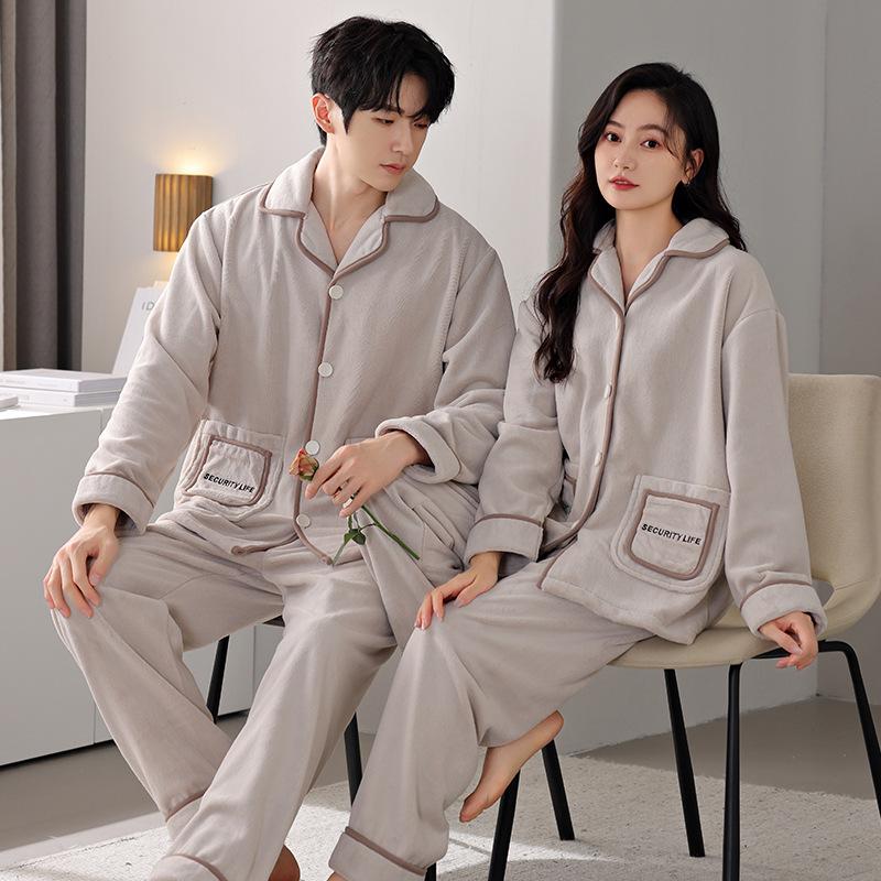 Winter Coral Fleece Pajamas Couple Men And Women Long-Sleeved Cardigan Fleece Thickened Flannel Thermal Loungewear Set