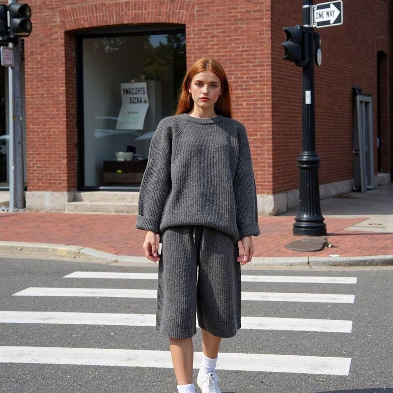 Zbzr New Fall Women's Clothing Fashion Style Loose Round Neck Long Sleeves Knitted Pullover Sweater + Knitted Middle Pants Suit