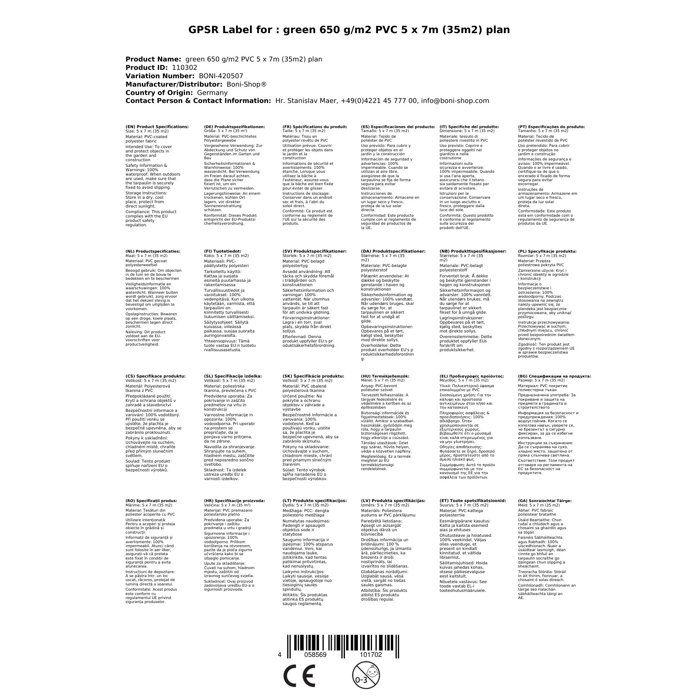 PVC-Plane Grün 5x7m, 650g/m², (35m²) - Wasserdicht und Ultra-Resistent