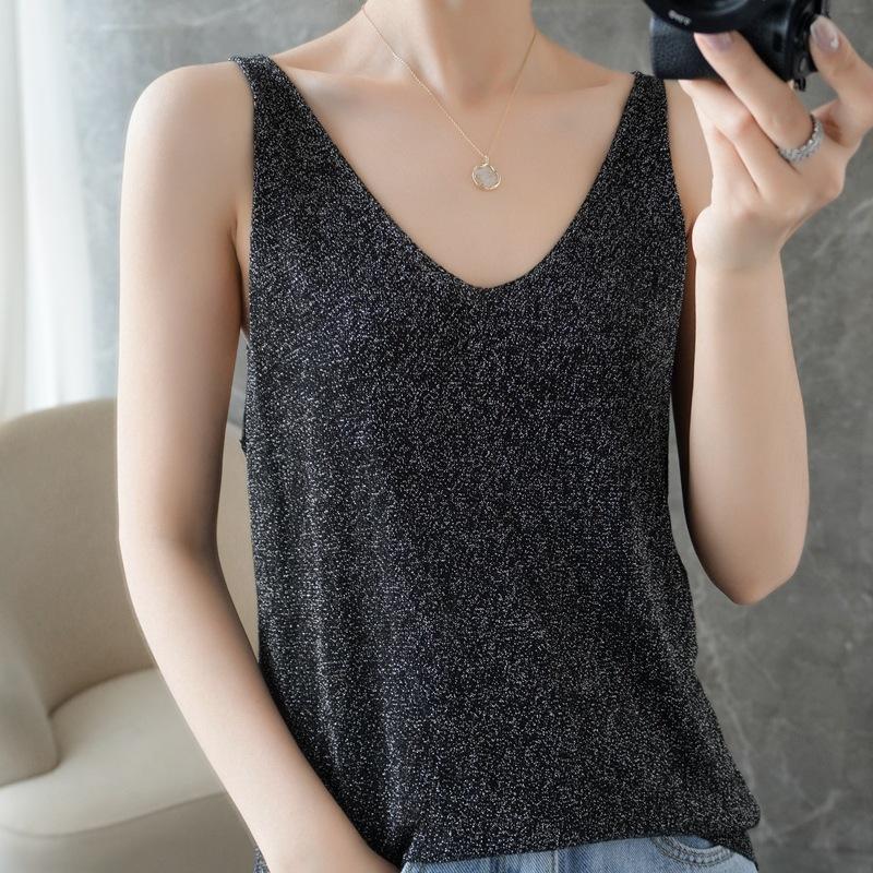 Quzhu Ice Silk V-neck Suspender for Women Slim Fit and Versatile Base Vest In Summer New Sleeveless Outer Wear Bright Silk Top