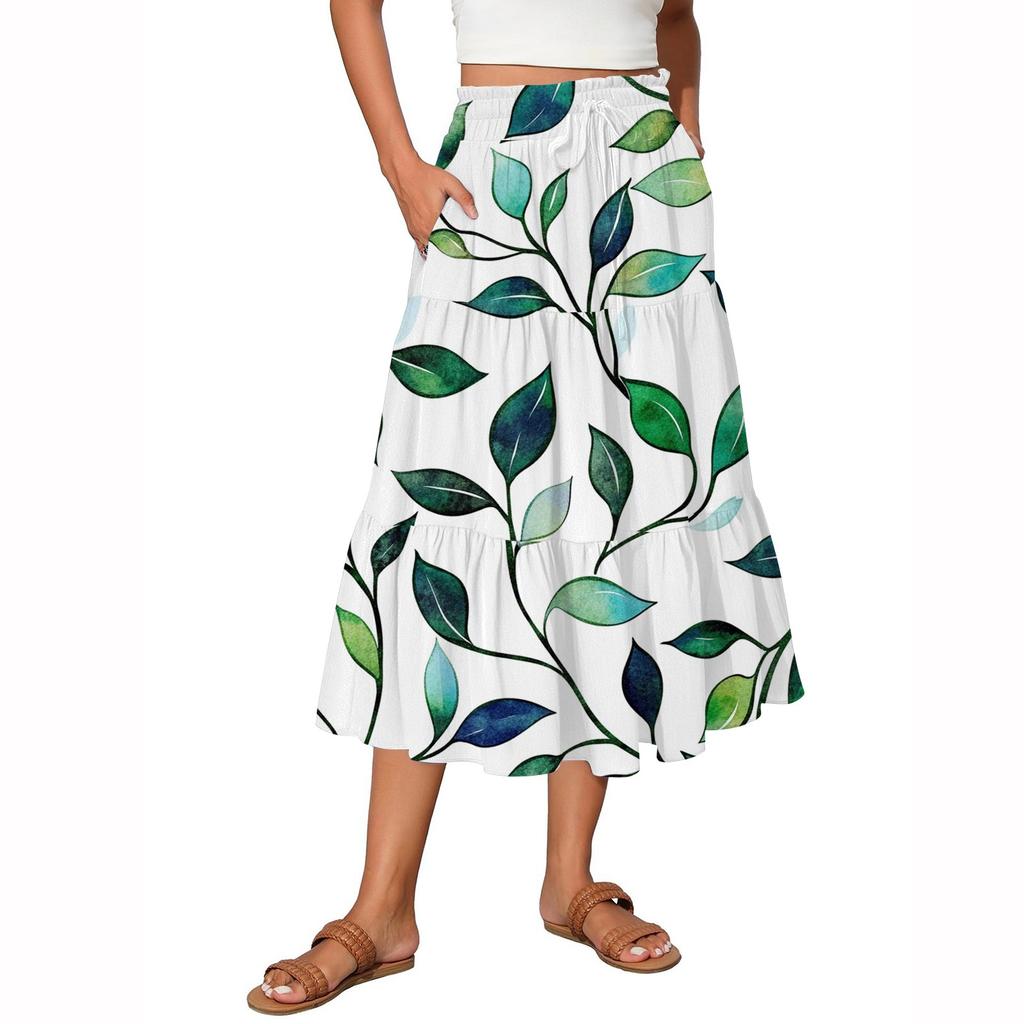 Damen Maxiröcke, fließend, ausgestellt, mit Rüschensaum, A-Linie, elastische Taille, elegant, gestuft, Boho, lange Röcke